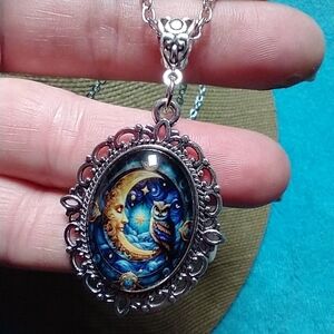 Silvertone Moon and Owl Star Pendant Necklace blue yellow night